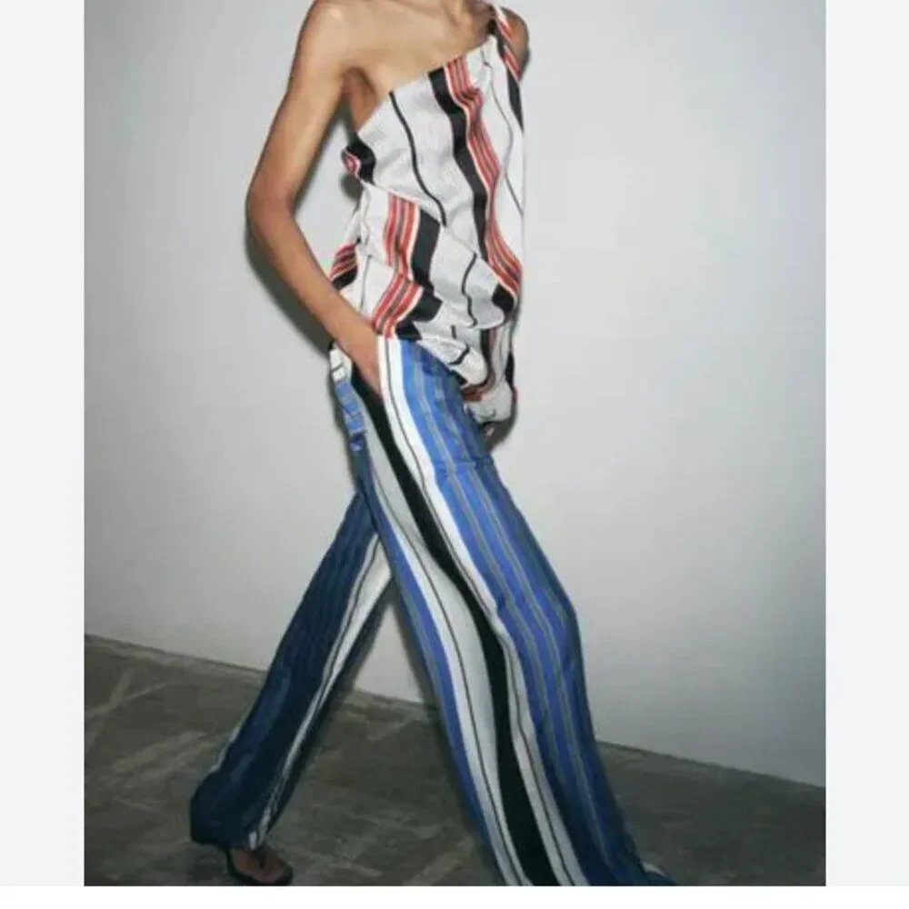 Zara Womens Trouser Pants Small S Blue Striped Wide Leg Flowing 2759/073 NWT